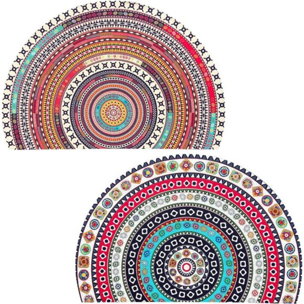 2 Pcs Boho Half Round Bath Mats, Bohemia Diatomaceous Earth Shower Mat,Non-Slip